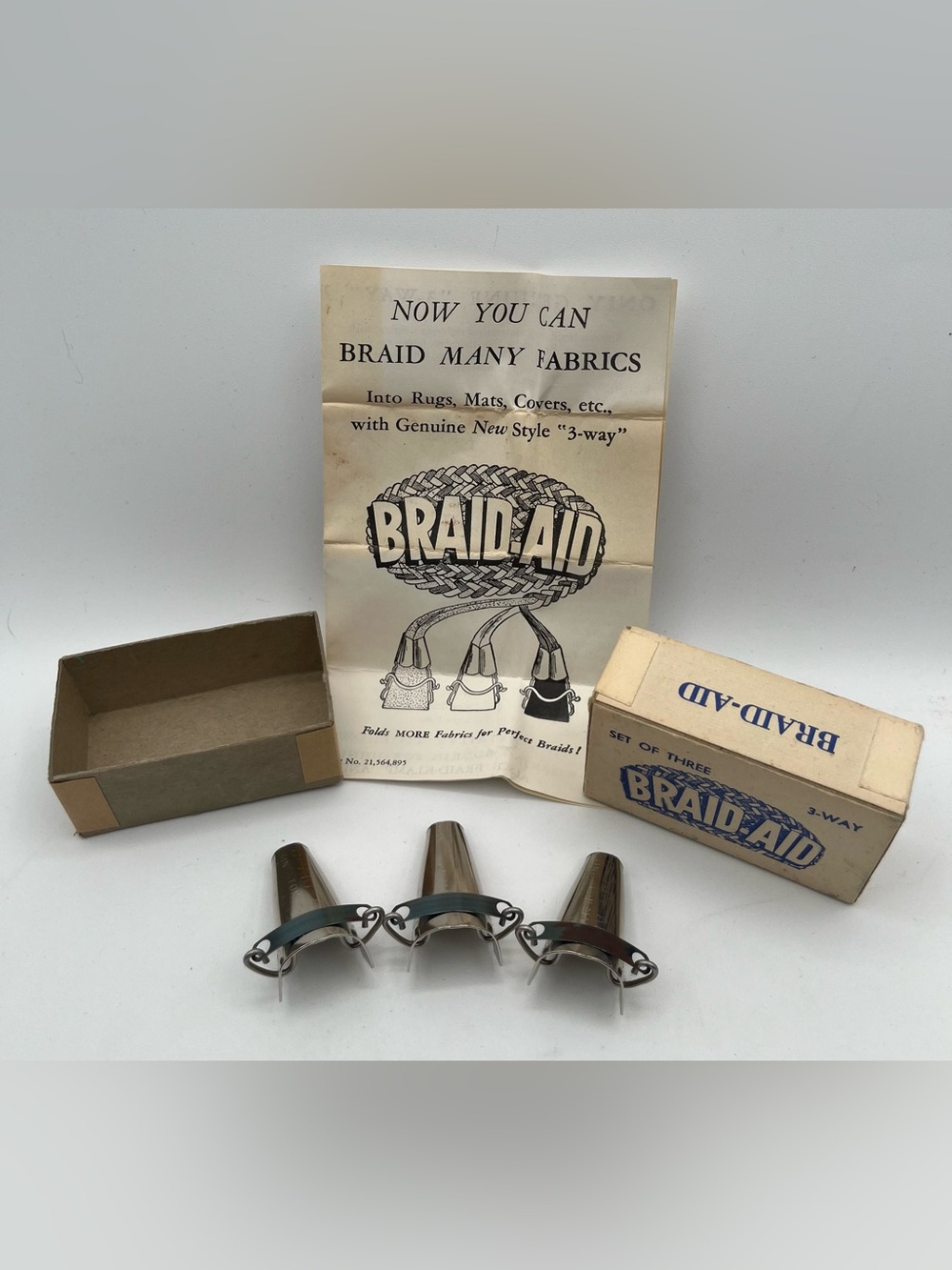 Vintage Braid Aid 3 Way Fabric Braiding Tool Set 3 Original Box Instructions